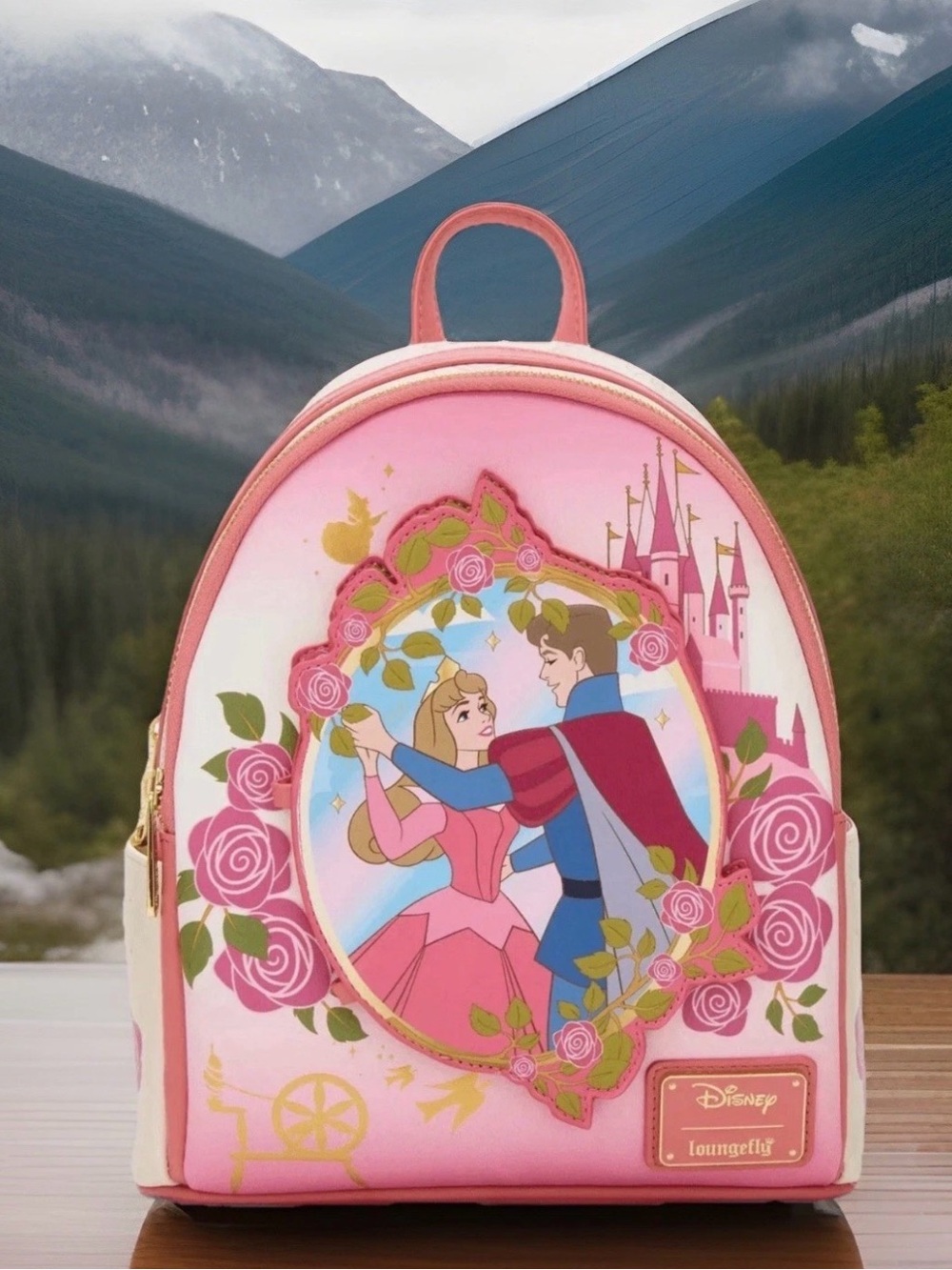 NEW Loungefly Disney Sleeping Beauty AURORA & PHILLIP Magnetic Door Backpack